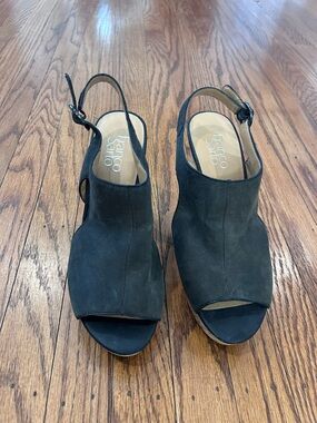 Franco Sarto Black Suede Peep-Toe Slingback Mules